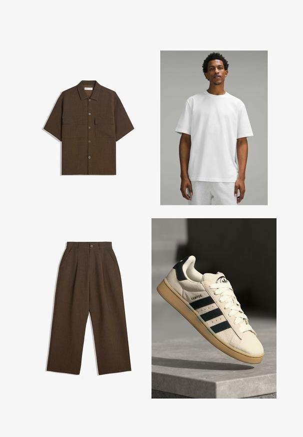 Camicetta a manica corta di colore marrone scuro realizzata in tessuto testurizzato. Presenta una chiusura a bottoni e due tasche sul petto. Design casual con vestibilità rilassata.; T-shirt bianco in cotone a maniche corte, collo rotondo, vestibilità rilassata. Texture liscia, design semplice, senza motivi o accenti visibili.; Pantaloni a pieghe marroni con taglio a gamba larga, dotati di chiusura con bottone e tasche laterali, realizzati in tessuto testurizzato adatto per un abbigliamento casual.; Sneaker in suede beige con tre strisce blu scuro, lacci bianchi e suola in gomma beige. Presenta un logo sulla linguetta e il testo "CAMPUS".