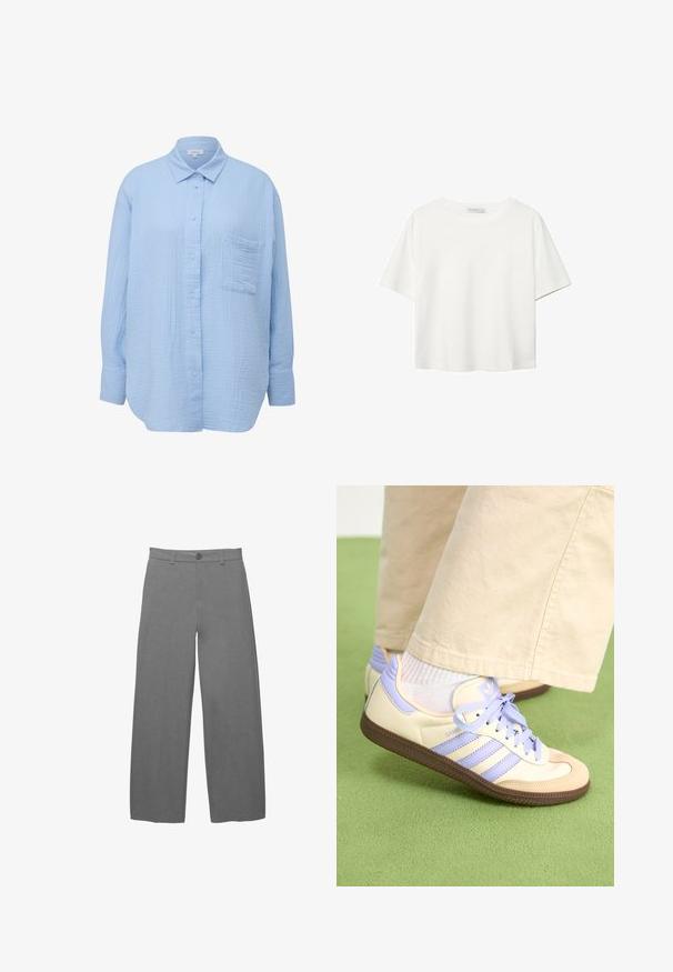 s.Oliver Button-down blouse - himmelblau; White short-sleeve t-shirt made of cotton. Features a crew neckline and a relaxed fit. Smooth texture with no visible patterns or accents.; Light gray wide-leg trousers with a smooth, textured fabric, featuring a front button closure and belt loops at the waist.; Cream and lavender sneakers with three stripes and a textured brown sole, featuring laces and a padded heel. Soft fabric upper.