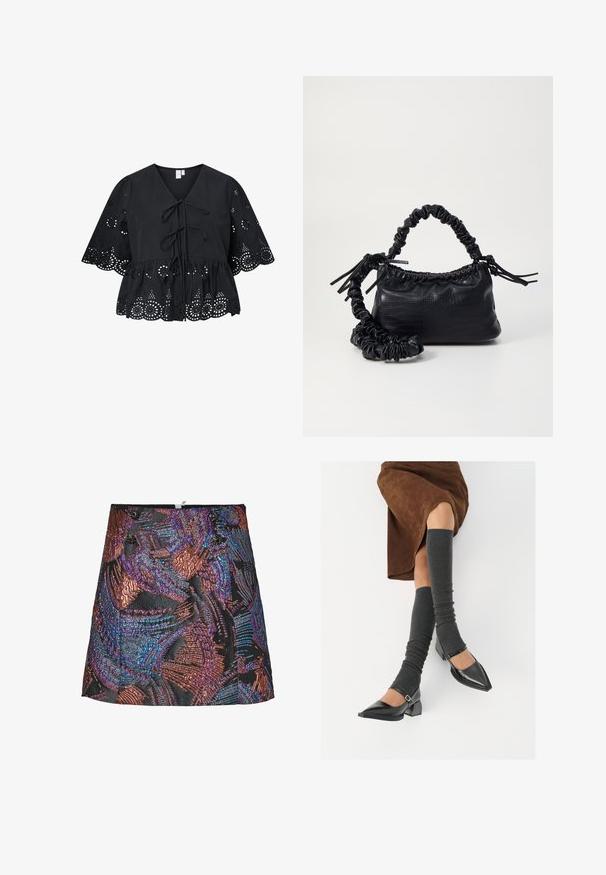 Fekete pamut blúz V-nyakkivágással, megkötő elemmel elöl, valamint rövid, széles ujjal, amelyek hímzett kivágott mintákkal és fodros szegéllyel díszítettek.; Fémes mini szoknya texturált mintával, élénk lila és bronz árnyalatokban, fekete alappal és díszes gombokkal a derékrészen.; Fekete lakk bőrből készült, hegyes orrú cipők, tömbsarkúakkal és bokapánttal, szürke bordás lábszármelegítőkkel és barna velúr szoknyával párosítva.; Fekete műbőr kézi táska krokodil bőr textúrával, összehúzható tetejű és gyűrt pánttal. Lágy és kompakt dizájnúnak tűnik.