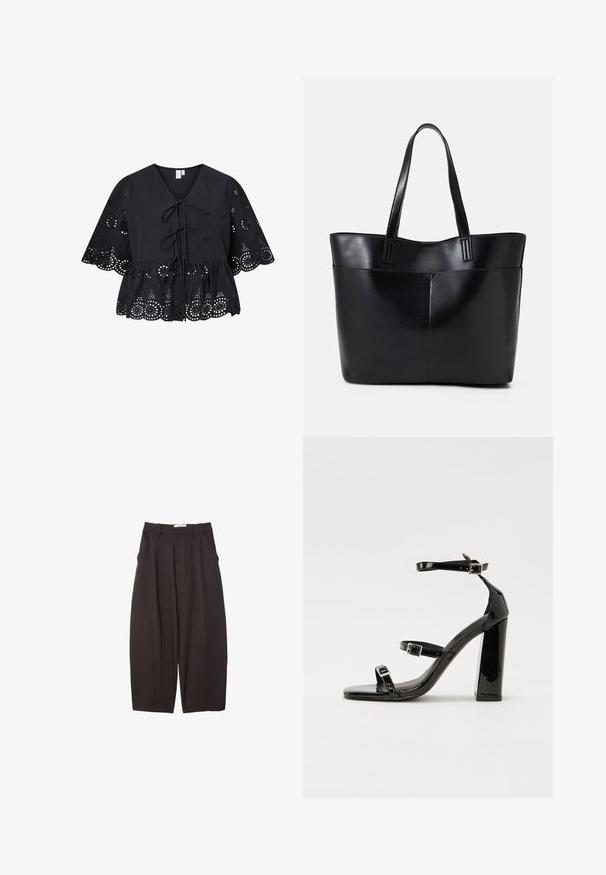 Mustaa puuvillablousea, jossa on V-pääntie, solmittava etuosa ja lyhyet, leveät hihat, joissa on brodeerattuja aukkoja ja aaltoileva helma.; Mustat leveälahkeiset housut, jotka on valmistettu sileästä kankaasta. Niissä on korkea vyötärö, etupleatsit ja sivutaskut. Yksinkertainen muotoilu ilman koristeita.; Musta kiiltäväpintainen korkokengät, joissa on kaksi solkikiinnitystä, neliönmuotoinen kärki ja paksu korko, sileällä, kiiltävällä pintarakenteella.; Musta nahkainen kassi, jossa on kaksi pitkää kahvaa, sileä pinta ja jämäkkä muoto. Sisältää etutaskun lisävarastointia varten.