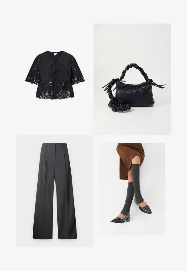 Čierna bavlnená blúzka s výstrihom do V, viazaním vpredu a krátkymi širokými rukávmi so vyšívanými výrezmi a zúženým lemom.; Nohavice s širokými nohavicami z tmavošedej látky, s vysokým pásom, jedinými záhybmi a hladkou textúrou s čistým zakončením na lemoch.; Čierne lakované kožené topánky s špicatou špičkou, blokovým podpätkom a členkovým remienkom, ktoré sú kombinované so šedými rebrovanými legínami a hnedou zamšovou sukňou.; Čierna umelá kožená kabelka s kroko vzorom, sťahovaným vrchom a zhnutým popruhom. Vyzerá mäkko a kompaktné v dizajne.