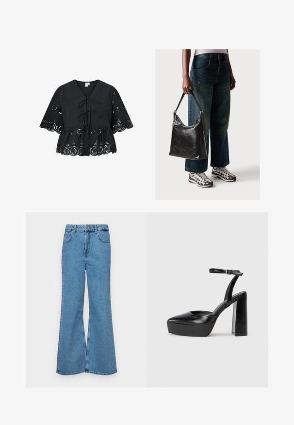 Čierna bavlnená blúzka s výstrihom do V, viazaním vpredu a krátkymi širokými rukávmi so vyšívanými výrezmi a zúženým lemom.; Svetlomodré rozšírené džínsy vyrobené z denimu, s vysokým pásom, piatimi vreckami a jednopoložkovým zapínaním na gombík. Mäkká textúra s vyblednutým povrchom.; Čierne platformové podpätky so špicatou špičkou a nastaviteľným členkovým remienkom. Vyrobené z hladkej kože a so robustným blokovým podpätkom.; Čierna kožená taška cez rameno s hladkou textúrou a nastaviteľným popruhom, skombinovaná s vyblednutými širokými džínsy a športovými teniskami.