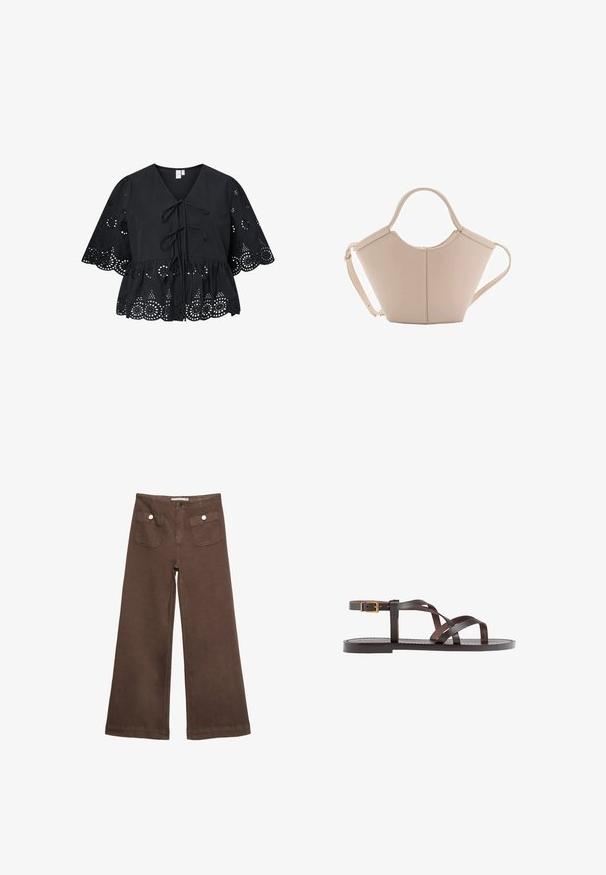 Schwarze Baumwollbluse mit V-Ausschnitt, gebundenem Vorderteil und kurzen, weiten Ärmeln, die mit gestickten Ausschnitten und einem gewellten Saum verziert sind.; Braune weit geschnittene Hosen aus Baumwolle, mit zwei Fronttaschen mit silbernen Knöpfen und einer glatten Textur.; Braune Leder-Sandale mit überkreuzten Riemen, einem Knöchelriemen mit Schnalle und einer flachen Sohle mit minimalen Nähdetails.; Beige Lederhandtasche mit einer einzigartigen Form, die zwei kurze Henkel und einen langen verstellbaren Riemen aufweist. Glatte Textur mit minimalen Hardware-Elementen.