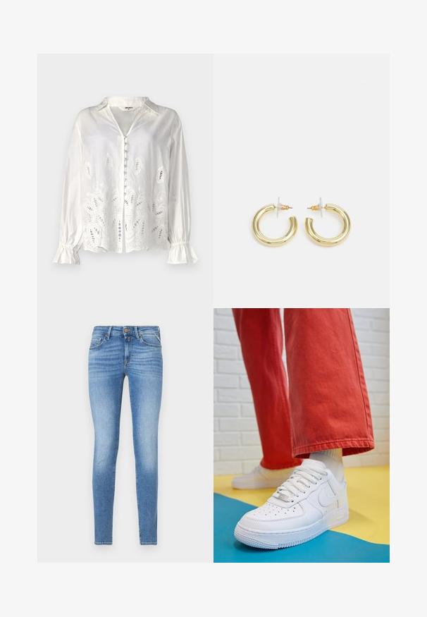 Object OBJEDITH - Button-down blouse - cloud dancer; Slim-fit light blue denim jeans with mid-rise waist, front button, and five-pocket design.; White leather sneaker with perforated toe box, textured sole, and white laces, paired with wide red pants and a blue and yellow background.; Gold hoop earrings with a smooth, shiny finish. Circular design featuring a small post and clear backing for secure wear.