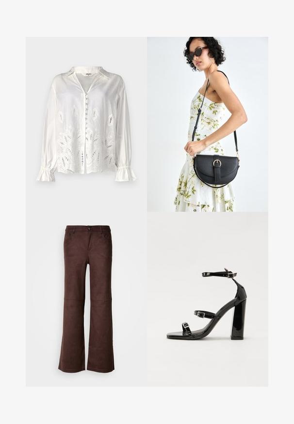 Object OBJEDITH - Pogājama blūze - cloud dancer; Brūnas platās bikses no mīksta, zamšveida auduma. Tās ir aprīkotas ar četrām kabatām, pogām un gludu, teksturētu virsmu.; Melnas lakotas augstpapēžu čības ar kvadrāta purngalu, potīšu siksniņām un sudraba sprādzēm. Aprīkotas ar masīvu bloku papēdi stabilitātei.; Melnas ādas rokassoma ar izliekta formu, noņemamu siksnu un zelta aksesuāriem. Somai ir vāciņš ar sprādzes detaļu.