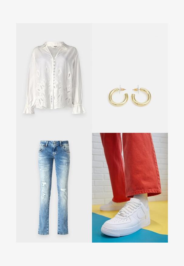 Object OBJEDITH mleczny; Jasnoniebieskie dżinsy o luźnym kroju, z przetarciami, z zapinaniem na guziki (dwa guziki) i prostymi nogawkami.; Białe skórzane sneakersy z perforowanym czubkiem, teksturowaną podeszwą i białymi sznurowadłami, w połączeniu z szerokimi czerwonymi spodniami na niebiesko-żółtym tle.; Złote kolczyki w kształcie kółek o gładkim, błyszczącym wykończeniu. Okrągły design z małym klipsem i przezroczystym zapięciem zapewniającym bezpieczne noszenie.