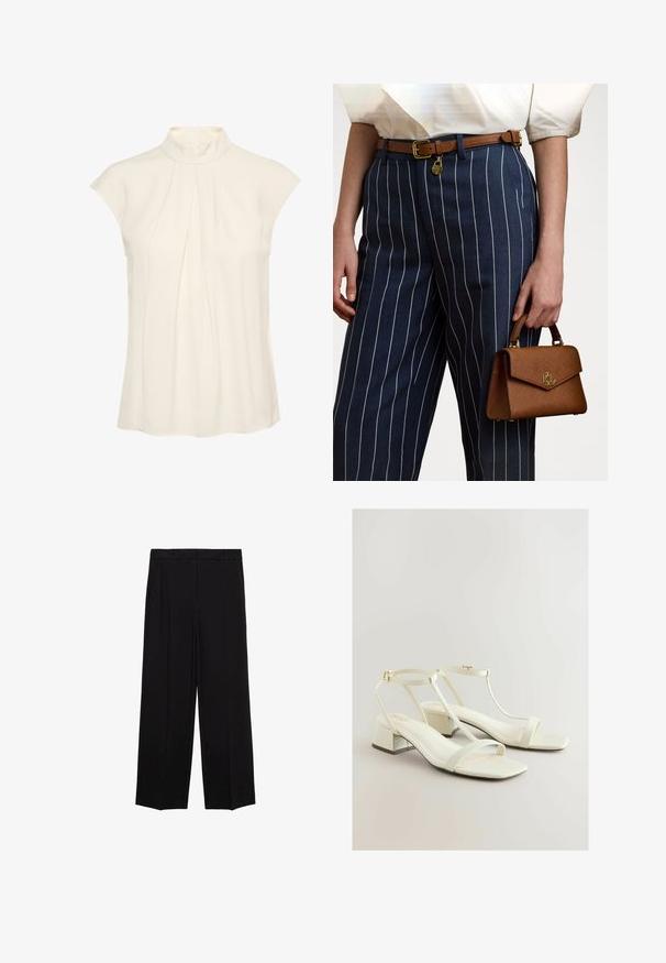 Ærmeløs bluse i creme med høj hals, med plisseringer foran, glat tekstur og en afslappet pasform.; Sorte brede bukser med en glat stof, der har folder foran og sidelommer, designet med en lige, afslappet pasform.; Hvide læder sandaler med blokhæl og T-stropdesign, firkantet tå og tekstureret hældetalje med en glat finish. Guld hardware detaljer.; Brun tekstureret håndtaske med guld hardware, holdt ved siden af marineblå stribede bukser med hvide lodrette linjer. Enkel, struktureret design.