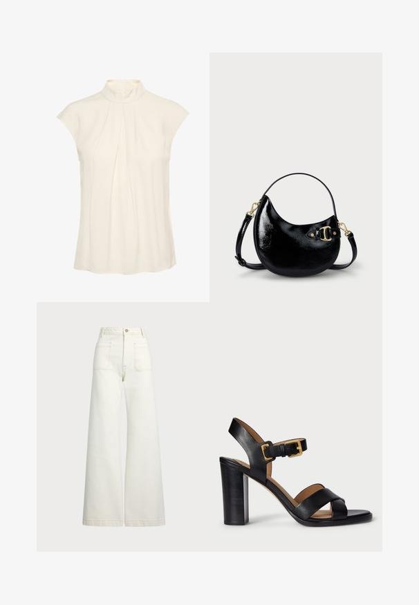 Ärmellose Bluse in Creme mit hohem Kragen, verziert mit Falten an der Vorderseite, glatter Textur und lässiger Passform.; Weite Jeans aus off-white Denim. Hoch tailliertes Design mit Knopfverschluss, zwei Fronttaschen und kontrastierenden Stickdetails.; Schwarze Leder-Absatzsandalen mit einem überkreuzten Riemendesign und einem Schnallenverschluss. Sie verfügen über einen dicken Absatz und eine glatte Textur.; Schwarze Handtasche aus Lackleder in geschwungener Form, mit verstellbarem Trageriemen und goldfarbenen Hardware-Details an der Seite. Glatte, glänzende Textur.