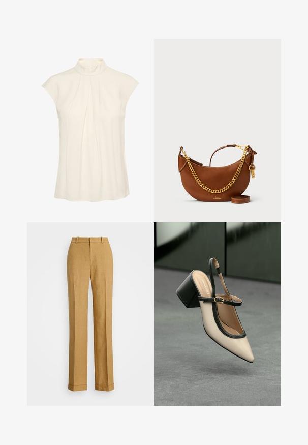 Bluză fără mâneci în culoare crem, cu un gât înalt, având plisuri pe față, textură netedă și croială lejeră.; Polo Ralph Lauren YARD LINEN FULL FLAT FRONT - Pantaloni - sand dune; Pantof divers în nuanță bej, cu vârf ascuțit, curea de susținere în spate, cu margine neagră, cataramă aurie și toc gros pe un podea gri, cu un fundal verde închis.; Geantă de piele maro cu un design curbat, curea cu lanț auriu, buzunar interior și curea de umăr detașabilă. Dispune de cusături contrastante.
