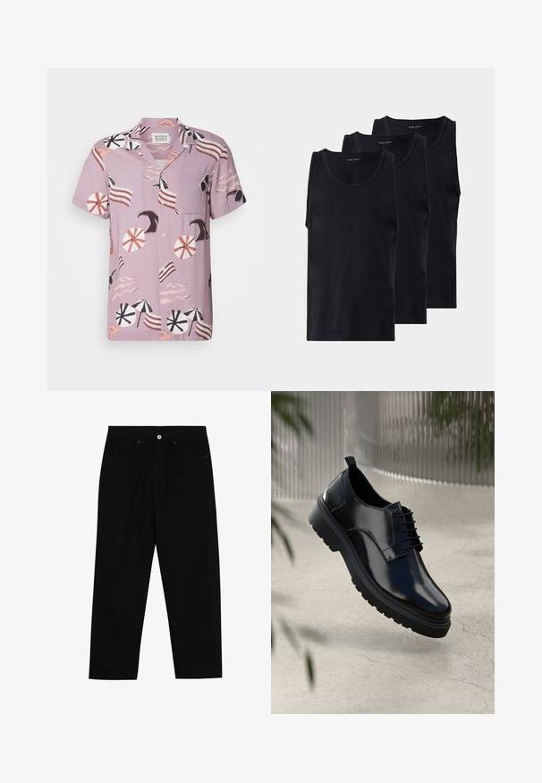 Kurzärmliges, lilanes Hemd mit einem strandmotivierten Druck, der Regenschirme, Wellen und gestreifte Akzente zeigt. Mit einer Brusttasche und Knopfverschluss.; Schwarze Baumwoll-Tanktops im Dreierpack, mit rundem Halsausschnitt und ärmellosem Design, glatter Textur und klassischer Passform.; Schwarze Jeans mit geradem Schnitt, Fünf-Taschen-Design und einem vorderen Knopfverschluss. Glatte Textur mit minimalen Nähten.; Schwarzer Lederschuh mit glänzender Oberfläche, runder Spitze, Schnürdesign, kontrastierenden Nähten und einer dicken Gummisohle mit Profilmuster.