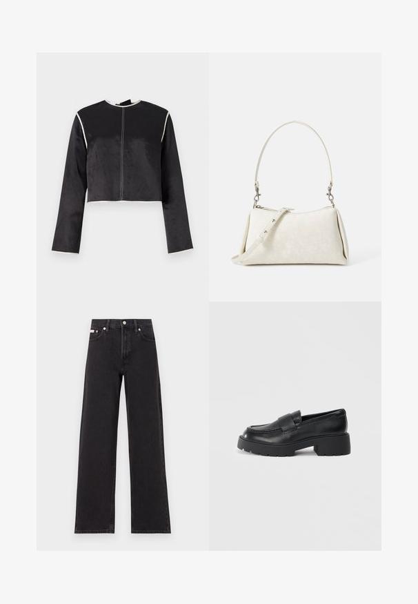Skratený čierny saténový top s dlhými rukávmi, bielym lemom pozdĺž výstrihu a rukávov a centrálnym švom na prednej strane.; Čierne široké džínsy vyrobené z denimu, s vysokým pásom, piatimi vreckami a kovovým zapínaním s kontrastným šitím.; Čierne kožené loafery s textúrovaným povrchom, s obdĺžnikovým prúžkom cez priehlavok a robustným, drsným designom podrážky.; Biela kabelka s hladkým povrchom, zakriveným siluetou a nastaviteľným ramenným popruhom. Obsahuje jemný vzor loga a akcenty zo strieborného kovu.