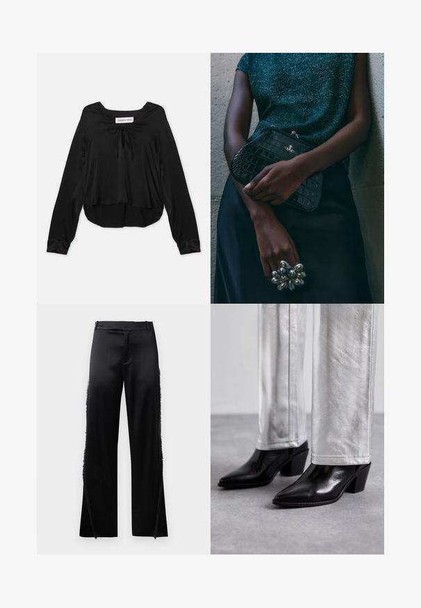 Black long-sleeve top made of smooth fabric featuring a scoop neckline with a decorative tie, relaxed fit, and a curved hem.; Black satin pants with wide legs, featuring fringe details along the side seams and a flat front waistband. Plain back without pockets.; Black leather ankle boots with a pointed toe and block heel, paired with shiny silver pants, showcasing sleek textures and contrasting colors.; Black crocodile-patterned clutch bag with silver hardware, held against a textured gray background. Features a shiny surface.