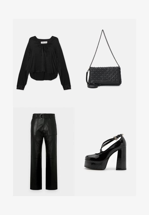 Sort langærmet bluse lavet af glat stof med en scoop halsudskæring og en dekorativ snøre, afslappet pasform og en buet kant.; Høj talje sorte læderbukser med brede ben, store forreste lommer og et matchende bælte med dobbelt-ring spænde.; The Kooples CHAUSSURES - Højhælede pumps - black; Sort quiltet lædertaske med kæderyg, prydet med kraniumdetaljer og en lynlåslukning. Struktureret overflade med en glansfuld finish.