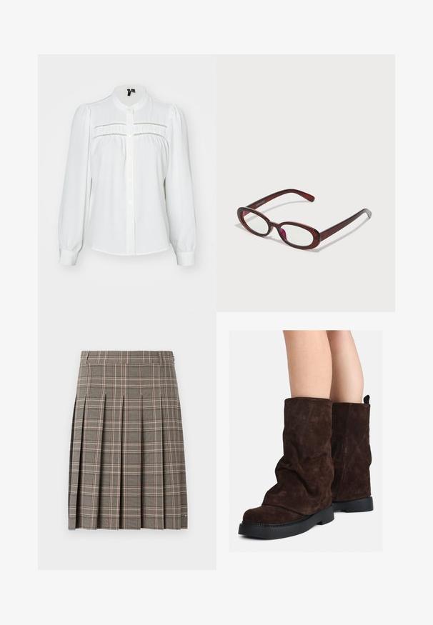 Hvit bluse med lange puff-ermer, rund krage, knapplukking foran og dekorativ søm over brystet. Myk, teksturert stoff.; Grå rutete skjørt med folder, som har en blanding av mørke og lyse toner og subtile linjer i rosa. Laget av strukturert stoff med linning.; Brune suedestøvler til midt på leggen med sorte gummisåler, båret på nakne legger, som viser lett rynking på støvelskaftene.; Ovale røde solbriller med klare linser og slanke brune rammer. Designet har subtile kurver og minimalt med utstyr.