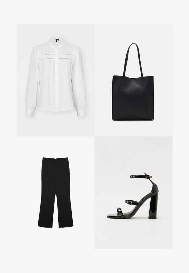 White blouse with long puff sleeves, rounded collar, front button closure, and decorative stitching across the chest. Soft, textured fabric.; Black trousers with a straight fit, featuring front pockets and side slits at the hem. Made of soft, smooth fabric. Suitable for various occasions.; Black patent heeled sandals with a square toe, ankle straps, and silver buckles. Features a chunky block heel for stability.; Black leather tote bag with smooth texture, rectangular shape, and two long handles. No visible hardware or embellishments.
