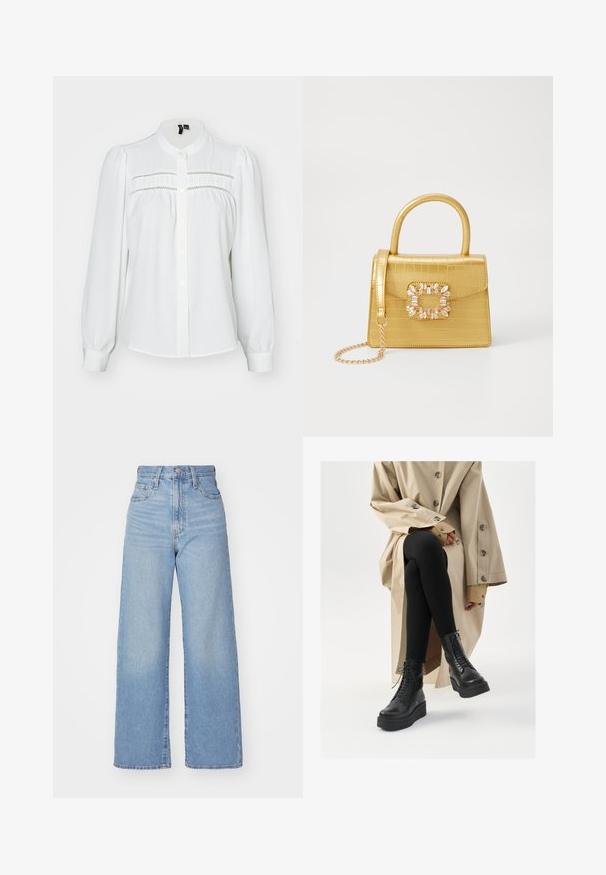 Fehér blúz hosszú puff ujjakkal, kerek gallérral, elöl gombos záródással és díszítő varrással a mellkas körül. Puha, texturált anyag.; Világoskék, magas derekú, bő szárú farmernadrág, elülső gombbal és cipzárral, elülső és hátsó zsebekkel, fehér háttérrel.; Fekete bőr bokacsizmák fűzős részletekkel, megemelt platform talppal, és textúrált fekete leggingsszel, világos bézs trench kabát mellett viselve.; Sárga műbőr krokodil mintás kézitáska strukturált kialakítással, felső fogantyúval, leválasztható lánccal és díszes kristály díszítéssel a záron.