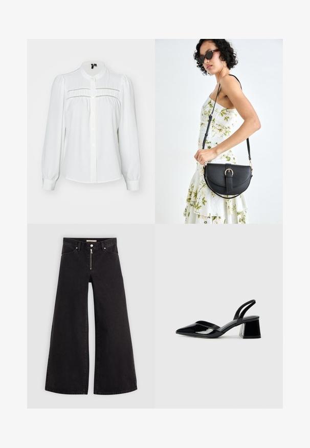 Biela blúzka s dlhými nadýchanými rukávmi, zaobleným golierom, predným zapínaním na gombíky a dekoratívnym prešívaním na hrudi. Mäkkučká, textúrovaná látka.; Dlhé nohavice vo voľnom strihu z čierneho denimu so zipsom vpredu, päť vrecúškovým dizajnom a jemnými stehovými detailmi. Hladká textúra a neformálny štýl.; Čierne lakované kožené sandálové podpätky s špicatou špičkou a geometrickým blokovým podpätkom. Disponujú elegantným, minimalistickým dizajnom a hladkým povrchom.; Čierna kožená kabelka s zaobleným tvarom, odnímateľným popruhom a zlatými doplnkami. Kabelka má klopu s detailom s prackou.