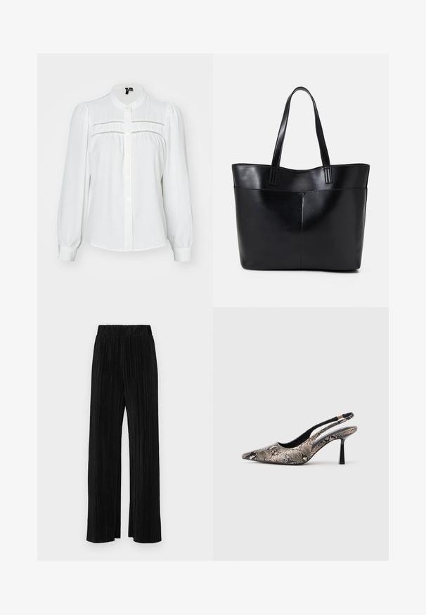 Valge pluus pikkade puffvartidega, ümar kaelus, esine nööbilikandus ja dekoratiivne õmblus rinna piirkonnas. Pehme, tekstureeritud kangas.; Mustad pleekitud püksid elastse vöökohtaga. Omavad laiad jalad ja sujuvat, tekstureeritud kangast vertikaalsete triipudega.; Kitsas varvusega slingback kingad, mis on valmistatud tekstuuriga maosarnase materjali toel, omavad saledat musta kõrget kontsa ja lõikega disaini külgedel.; Must mustaga musta nahast, millel on kaks pikka kanda, sile tekstuur ja struktureeritud kuju. Esipoolsel on lisakoti jaoks tasku.