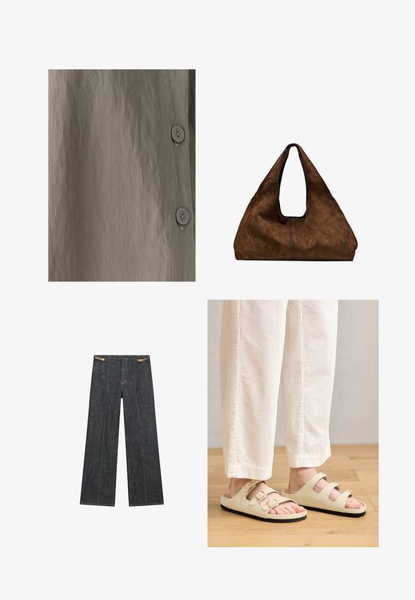 Een geknoopte shirt met een textuur van lichtbruin stof met een subtiele glans. Glad van structuur, verticale naden en ronde knopen zijn zichtbaar.; Donkergewassen denimwijdpijpbroek met een hoge taille. Kenmerken zijn zichtbare stiksels, een knoopsluiting en een unieke kettingaccent aan de taille.; Lichtbeige sandalen met drie verstelbare banden met metalen gespen, een gewatteerde voetbed en een zwarte rubberen zool.; Bruine suède schoudertas met een open bovenkant. Heeft een diepe, brede vorm, een uitsnijdend handvat en een minimale stiksels voor een strak ontwerp.
