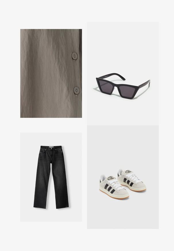 Buttoned shirt featuring a textured, light brown fabric with a subtle sheen. Smooth texture, vertical seams, and round buttons are visible.; Bershka Straight leg jeans - mottled dark grey; Gray suede sneakers with white laces, black stripes, and a white rubber sole. Features a circular logo on the tongue and a gum sole.; Black, angular sunglasses with gray lenses; made of plastic, featuring thick arms with a smooth surface and no visible hardware.