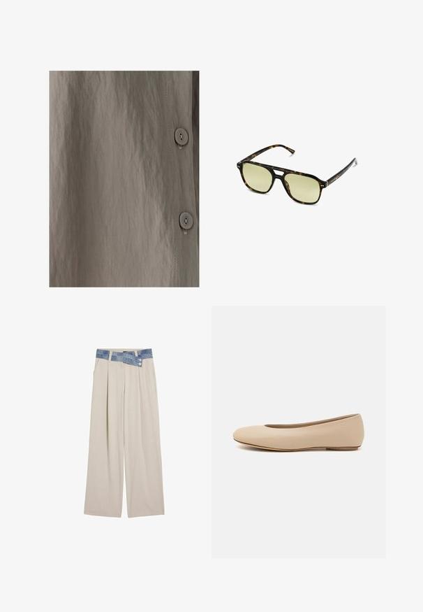 Camicetta con bottoni caratterizzata da un tessuto marrone chiaro testurizzato con una leggera lucentezza. Texture liscia, cuciture verticali e bottoni rotondi sono visibili.; Pantaloni larghi beige chiaro con vita in denim, caratterizzati da due bottoni e dettagli plissettati sul davanti. Tessuto morbido e vestibilità rilassata.; Ballerine in pelle beige con punta arrotondata, dettagli di cucitura minimi, tacco basso e logo discreto sul retro. Texture liscia e opaca.; Occhiali da sole tartaruga con forma rettangolare, lenti con tonalità verde e montatura in acetato decorata. Presentano dettagli metallici vicino alle lenti.