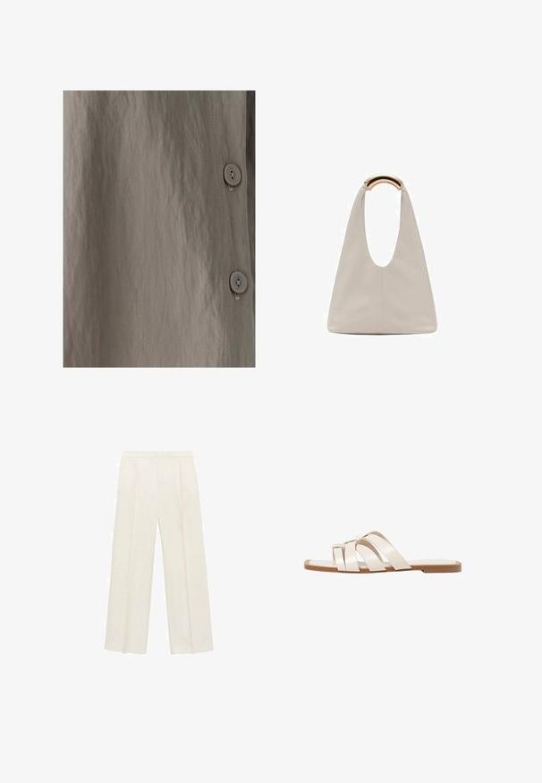 Košeľa na gombíky s textúrovanou, svetlohnedou tkaninou s jemným leskom. Hladký povrch, vertikálne švy a okrúhle gombíky sú viditeľné.; Široké nohavice vo svetlej krémovej farbe. Vyrobené z hladkej látky s skladmi vpredu a bočnými vreckami.; Ploché sandále s hnedou gumovou podrážkou, navrhnuté s tromi prekrývajúcimi sa bielymi koženými popruhmi a malou mašličkou uprostred.; Svetlosivá kožená taška s U-tvarom a zakrivenou kovovou rukoväťou. Hladký povrch s minimálnym prešívaním a bez viditeľných vzorov.