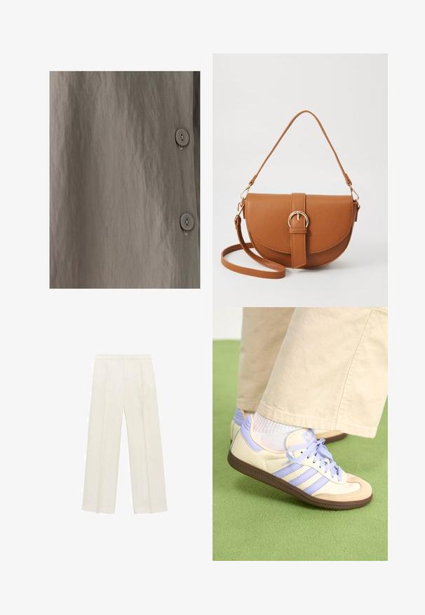 Een geknoopte shirt met een textuur van lichtbruin stof met een subtiele glans. Glad van structuur, verticale naden en ronde knopen zijn zichtbaar.; Wijdgevallen broeken in een lichtcrème kleur. Gemaakt van een zachte stof met plooien aan de voorkant en zijzakken.; Crème- en lavendel-sneakers met drie strepen en een gestructureerde bruine zool, voorzien van veters en een gewatteerde hiel. Zachte stoffen bovenkant.; Bruine leren schoudertas met een gebogen vorm, gouden hardware en een gespaccent. Bevat een afneembare schouderriem.