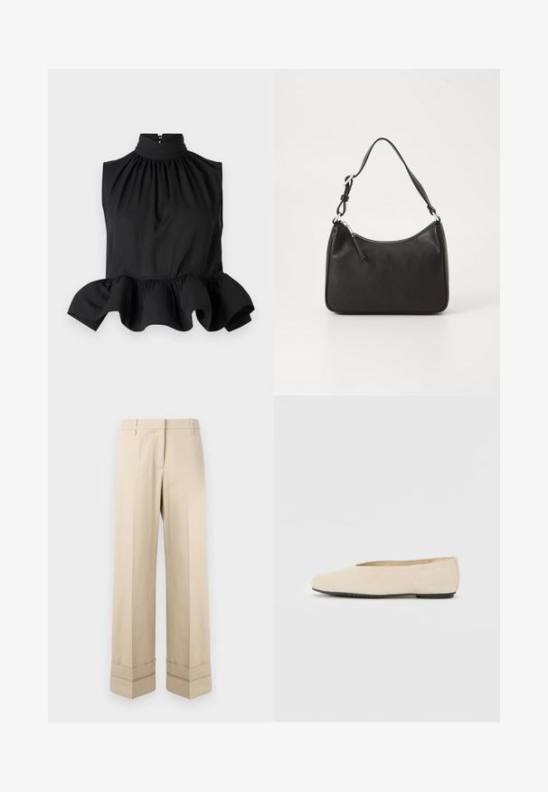 Fekete ujjatlan felső magas gallérral, redőzött anyaggal és bővülő fodros szegéllyel. Sima textúra, hátsó rejtett cipzárral.; Beige színű, egyenes szabású nadrág, duplakampós szegéllyel és lapos elülső kialakítással. Sima, tartós anyagból készült.; Beige velúr balettcipő lekerekített orral, lapos talppal és minimális dizájnnal. Simaszerkezet és látható fém vagy díszítés nélkül.; Fekete bőrtáska ívelt formával, egyetlen pánttal, cipzáras záródással és diszkrét logóval az elején. Simább textúra, minimalista dizájn.