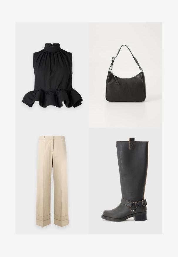 Top preto sem mangas com gola alta, tecido franzido e uma bainha em babados evasê. Textura suave com um fecho oculto nas costas.; Calças bege com um corte reto, apresentando uma dobra dupla na bainha e um design frontal plano. Feitas de um tecido suave e durável.; Bota preta de couro até ao joelho com um acabamento texturizado, apresentando um detalhe de fivela lateral e um salto baixo. Costura detalhada ao longo das costuras.; Mala de mão em couro preto com formato curvo, uma alça, fecho em zip e uma marcação discreta na frente. Textura suave, design minimalista.