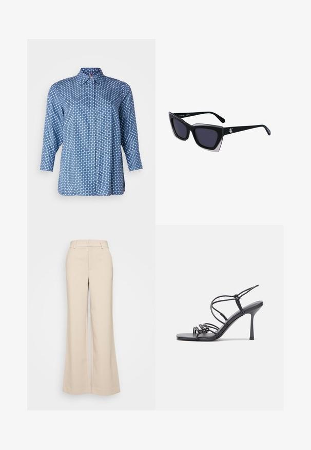 Zilā garo piedkaklu pogājamā krekla ar baltu rombu rakstu un smalkiem sarkaniem akcentiem, izklājamo apkakli un slēptām priekšējām pogām.; Beigā krāsā platās bikses ar gludu tekstūru, ar augstu jostasvietu un divām priekšējām kabatām. Tīrs dizains ar piegriezumu, kas pielāgots ķermenim.; Melnas augstpapēžu sandales ar plāniem siksniņām un mezgla dizainu, gluda kvadrātveida purngalu un elegantu stiletto papēdi.; Melni pārmēru saulesbrilles ar ģeometrisku formu, kas aprīkotas ar tumšiem stikliem un kontrastējošu pelēku akcentu uz rāmja. Logo uz kājas.; Sudraba riņķveida auskari ar gludu, spīdīgu apdari. Apaļas formas, viegla dizaina, ar aizdari uz stieples.