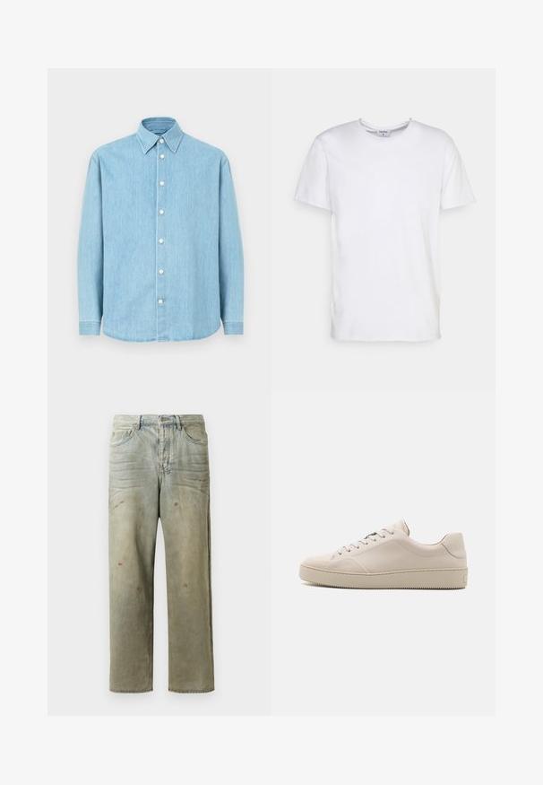 Šviesiai mėlynas džinsinis marškinių ilgomis rankovėmis modelis su smailiu apykakle ir baltais sagomis, pavaizduotas prieš paprastą foną.; Balta trumpa rankovėmis marškinėliai, pagaminti iš medvilnės. Turi apvalų iškirpimą ir laisvą siluetą, be matomų raštų ar akcentų.; Šviesiai žaliai nuvarytos džinsinės kelnes, su tiesiomis kojomis, penkių kišenių dizainu, nelygiai blukščiantis ir su dažų lašeliais.; Kreminės odinės sportbačiai su lygiu paviršiumi, apvaliu priekiu, plokščiu padu ir klasikiniu raištelių užsegimu. Diskretiški siuvinėjimo akcentai ir tekstūruotas padas.