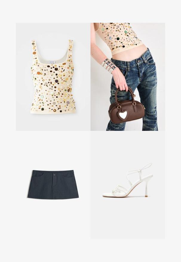 Ribbad krämfärgad linne med multikolorade paljetter, inklusive gyllene, gröna och bruna inslag, med fyrkantig halsringning och smala axelband.; Navyblå randig minikjol med framfickor och en enkel knappstängning i midjan.; Vit remsandaler med hög klack, platt tårbas, strukturerad framdel med rynkade detaljer och en smal vristrem.; Brun läderhandväska med ett hjärtformat ornament, rund design, guldfärgade detaljer, hålls av en hand; kombinerad med slitna denim och en pärlad topp.