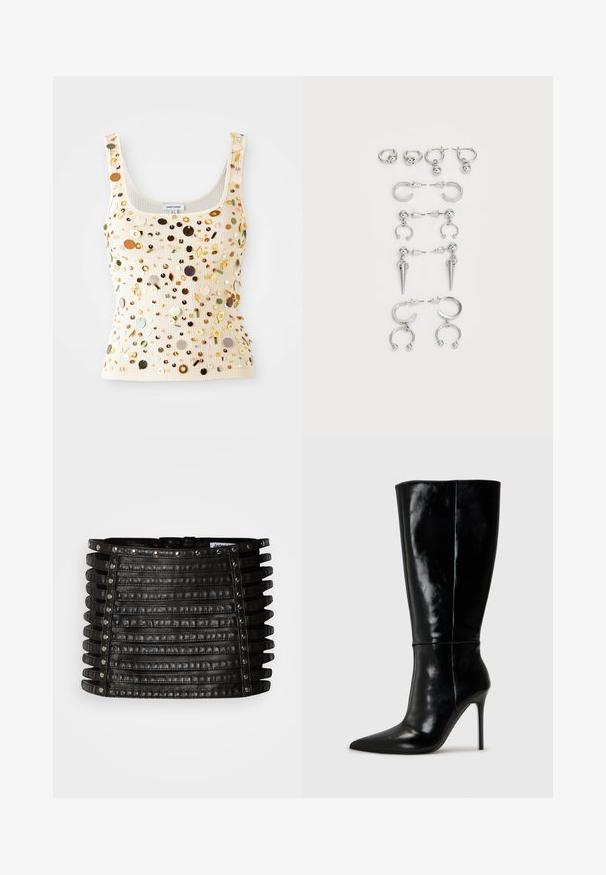 Ribbed kremowy top na ramiączkach z wielokolorowymi cekinami, w tym złotymi, zielonymi i brązowymi akcentami, z kwadratowym dekoltem i wąskimi ramiączkami.; Czarna skórzana mini spódnica z poziomymi paskami ozdobionymi srebrnymi ćwiekami wzdłuż górnej krawędzi i pionowych boków.; Czarne skórzane wysokie buty za kolano z ostro zakończonym noskiem i wysokim obcasem w kształcie szpilki. Gładka tekstura i smukły design, z minimalnymi detalami.; Zestaw srebrnych kolczyków z różnymi wzorami: kółka, sztyfty i wiszące style, z kulistymi akcentami i spiczastymi elementami.