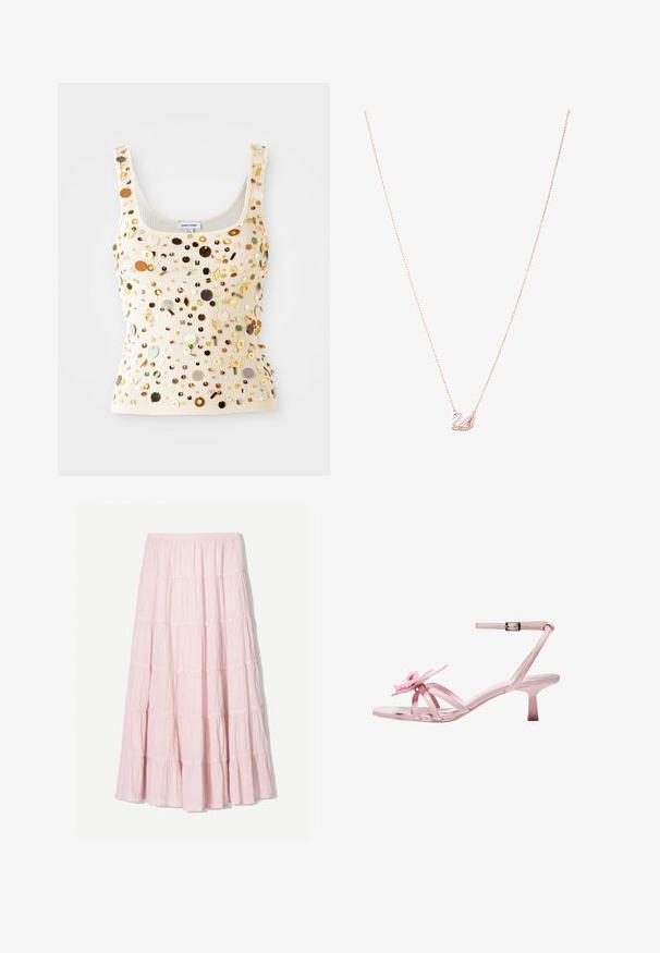 Rebrasta krem majica bez rukava s višebojnim sequins detaljima, uključujući zlatne, zelene i smeđe akcenti, s kvadratnim izrezom i uskim naramenicama.; Žuta top bez naramenica s naboranim korzetom, ukrašen slojevitim volanima. Izrađeno od lagane tkanine s mekom teksturom. Veže se oko vrata.; Svijetlo ružičasta, slojevita maxi suknja izrađena od teksturirane, lagane tkanine. Elastična jedinica struka i lepršavi rub s naborima.; Ružičaste lakirane sandale na visokoj peti s cvjetnim detaljem na prstima, s podesivom remenčkom oko gležnja i vitkom, niskom petom.; Ogrlica u ružičastom zlatu s privjeskom labuda, ukrašena prozirnim kristalima. Lanac ima delikatan uzorak karika.