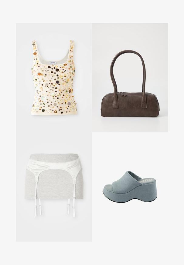 Top en crème côtelé avec des sequins multicolores, incluant des accents dorés, verts et bruns, présentant un décolleté carré et des bretelles étroites.; Haut halter marron avec un décolleté en V profond et un design enveloppant, orné de motifs floraux et d'un tissu texturé ; se noue à la taille.; Vêtement en tissu coton gris avec une ceinture en satin blanc et quatre rubans ajustables pour les bas. Texture lisse, design ajusté.; Sandale à plateforme bleu clair avec un dessus en tissu effiloché, design à bout ouvert, semelle épaisse et arrondie, et semelle extérieure texturée grise.; Sac à main en cuir marron avec deux poignées robustes, de forme rectangulaire, texture lisse et fermeture zippée. Design minimaliste sans motifs visibles.