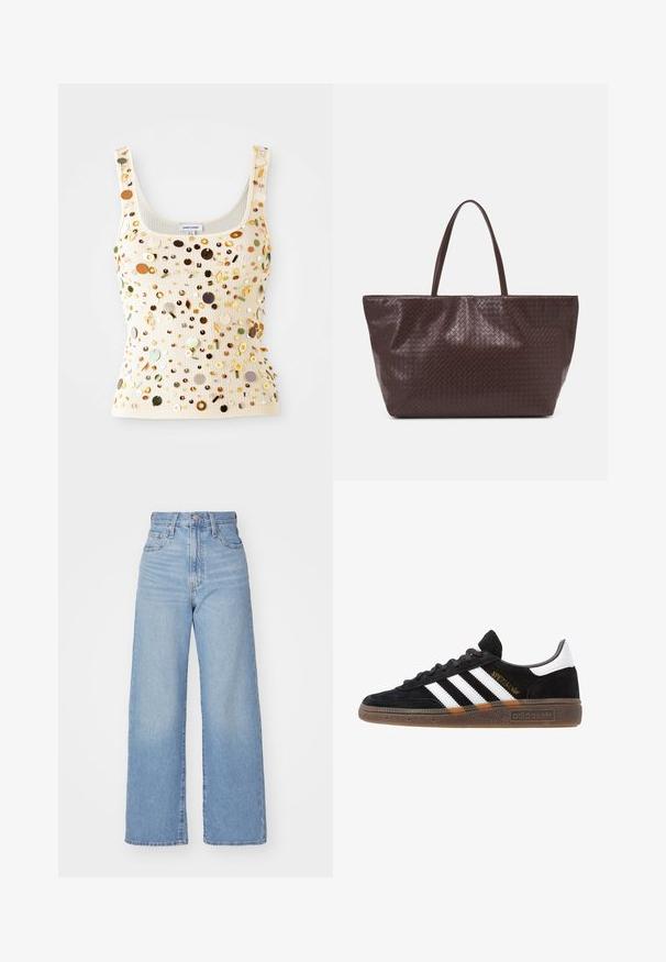 Geribbelde crèmekleurige tanktop met multikleurige pailletten, waaronder gouden, groene en bruine accenten, met een vierkante halslijn en smalle bandjes.; Lichtblauwe high-waist wijde jeans met een knoop- en ritssluiting aan de voorkant, voor- en achterzakken, op een witte achtergrond.; Zwarte Adidas sneaker met witte strepen, gouden "Spezial" tekst, gumzool en witte hieltab, weergegeven in zijaanzicht.; Bruine gevlochten leren tote bag met twee handvatten, een gestructureerde vorm en een getextureerd oppervlak, met een diamantpatroon overal.