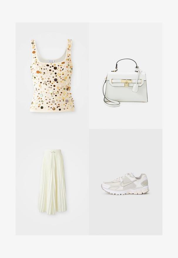 Ribota kreminė liemenė su daugiapalvėmis blizgučiais, įskaitant auksines, žalias ir rudas akcentus, su kvadratiniu iškirpimu ir siaurais petnešomis.; Šviesiai geltona, krokuota midi sijonas, su elastinga juosta ir juostele, glotnaus audinio tekstūra ir vertikalios juostelės papildomam akcentui.; Baldos spalvos sportinė avalynė, pagaminta iš tinklinės ir sintetinės medžiagos. Yra su tekstūruotu dizainu, paminkštintu apvadu ir geometriniais akcentais ant kulno.; Balta rankinė su krokodilo tekstūra, auksinės detalės, viršutinė rankena ir nuimamas petnešų diržas; turi užrakinimo uždarymą ir minimalų dizainą.