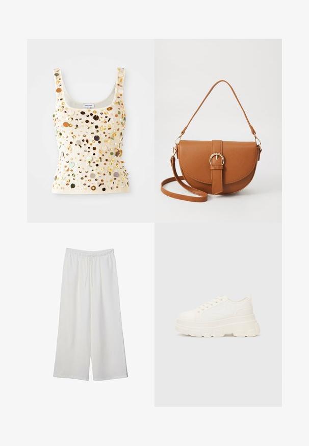 Geribbelde crèmekleurige tanktop met multikleurige pailletten, waaronder gouden, groene en bruine accenten, met een vierkante halslijn en smalle bandjes.; Witte wijde broek van lichtgewicht stof, met een elastische tailleband en een trekkoord voor een verstelbare pasvorm. Glad texture.; Witte canvas sneaker met een stevige zool, ronde neus en vijf gaatjes voor veters. Achterste tab voor gemakkelijk aan- en uittrekken. Vloeibare textuur, minimalistisch ontwerp.; Bruine leren schoudertas met een gebogen vorm, gouden hardware en een gespaccent. Bevat een afneembare schouderriem.