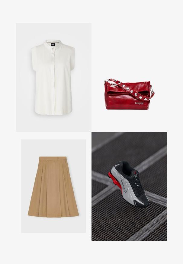 BOSS EJICA - Top - open white; Knee-length, pleated skirt in light brown cotton, featuring a fitted waistband with belt loops and a straight hemline.; Black and gray athletic shoe with red cushioned sole, black laces, and swoosh logo resting on metal grid surface.; Red synthetic leather shoulder bag with a fold-over flap, silver snap accents on the strap, and a printed "Desigual" logo.