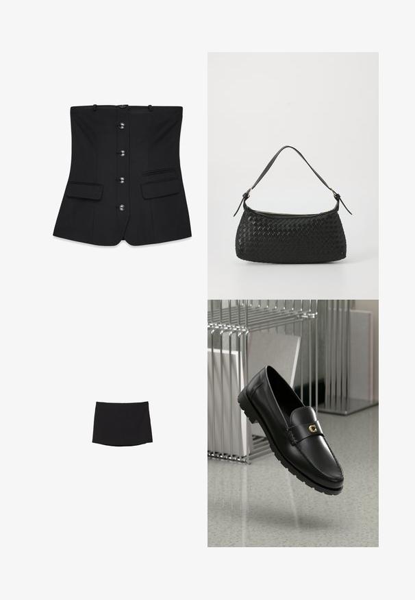 Svart strukturerad korsett med en slät yta, som har sju framsidesknappar, två lockfickor och justerbara remmar.; Svart minikjol i slät, elastisk tyg; har en rak passform med en diskret fåll och inga synliga knäppningar eller mönster.; Svarta läderloafers med en upphöjd söm, guldaccentlogotyp och texturerad rem. Har en tjock, hållbar gummisula.; Svart vävd axelväska med ett slätt läderhandtag och dragkedjestängning. Har en strukturerad yta och en böjd form.