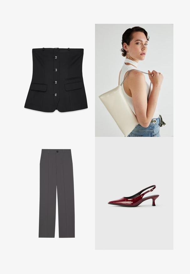 Juodas struktūruotas korsetas su lygiu paviršiumi, turintis septynis priekinės dalies mygtukus, dvi kišenes su atvartais ir reguliuojamus dirželius.; Pilkos kelnės su tiesaus kirpimo dizainu, turinčios dvi šonines kišenes ir mygtuko užsegimą. Lygus audinys be matomų raštų ar akcentų.; Burgundiško lakuoto odos slingback kulniukai su smailiu smailiu ir elegantišku stiletto kulnu. Atvira nugaros konstrukcija su reguliuojamu kulkšnies dirželiu.; Balta, stačiakampio formos rankinė pagaminta iš blizgaus medžiagos, su sidabriniu virvute. Modelis pozavo, demonstruodamas rankinę prieš paprastą foną.