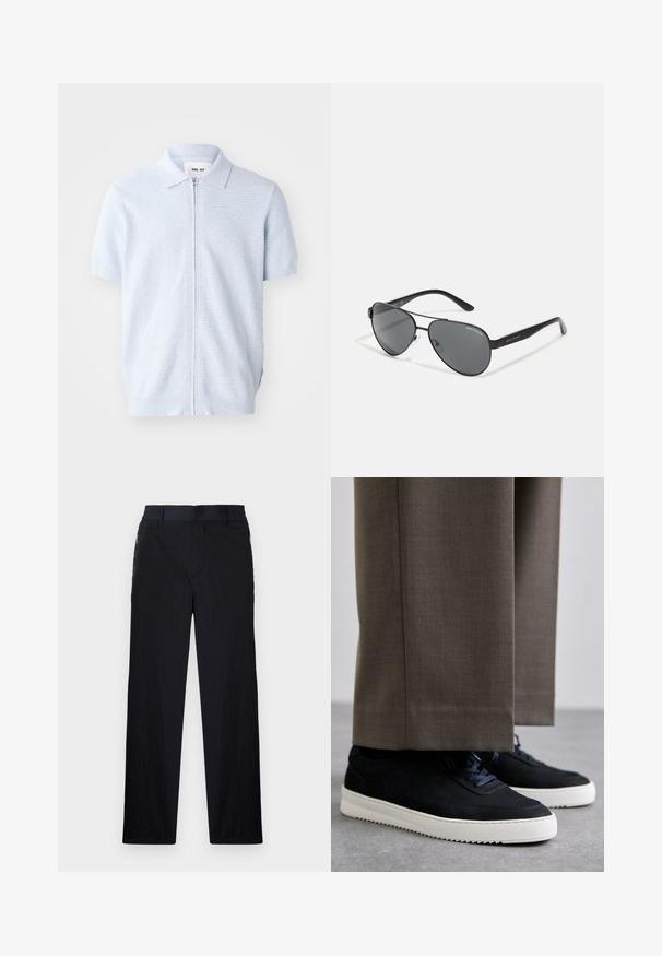 Vaaleansininen lyhythihainen polo-paita, jossa on vetoketju ja ribbitekstuuri, klassinen kauluksen muotoilu ja suora helma.; Mustat housut, joissa on kevyt, teksturoitu kangas, suora lahje, joustava vyötärö ja sivuvetoketjupussit.; Mustat mokkakengät valkoisilla kumipohjilla, joissa on pyöreä kärki ja nauhat, käytetään harmaiden räätälöityjen housujen kanssa.; Mustat lentokonesankalasit tummilla linsseillä, ohuella metallikehyksellä ja hoikilla muovivarsilla, joissa on logopainatuksia.