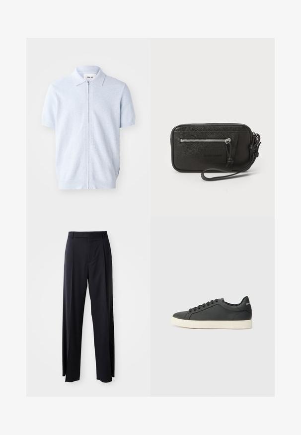 Polo shirt azzurro chiaro a maniche corte, con chiusura a zip e texture a costine, dotato di colletto classico e orlo dritto.; Pantaloni neri a vita alta con gamba larga, realizzati in tessuto liscio. Presentano pieghe frontali e passanti per cintura. Design minimalista, senza hardware visibile.; Sneaker in pelle nera con profilo basso, punta tondeggiante e chiusura stringata; presenta una suola in gomma testurizzata e dettaglio del logo sul tallone.; Clutch nera in pelle con superficie testurizzata, tasca frontale con zip e tracolla rimovibile. Presenta una patch con logo sul davanti. Forma rettangolare.