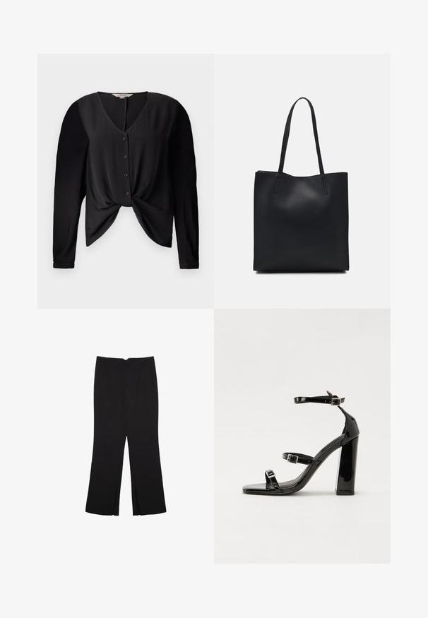 Črna bluzica z V-izrezom, dolgimi rokavi in gumbom spredaj. Ima detajl vozla na pasu in gladko teksturo tkanine.; Črne hlače ravnega kroja z naglavnimi žepi in stranskimi razporki na robu. Narejene iz mehke, gladke tkanine. Primerne za različne priložnosti.; Črne lakaste sandale z visokimi petami, z dvema trakovoma z zaponkama, kvadratnim sprednjim delom in masivno širšo peto, z gladko, sijočo teksturo.; Črna usnjena torba s svilnato teksturo, pravokotne oblike in dvema dolgima ročajema. Brez vidnih metalnih delov ali okrasnih elementov.