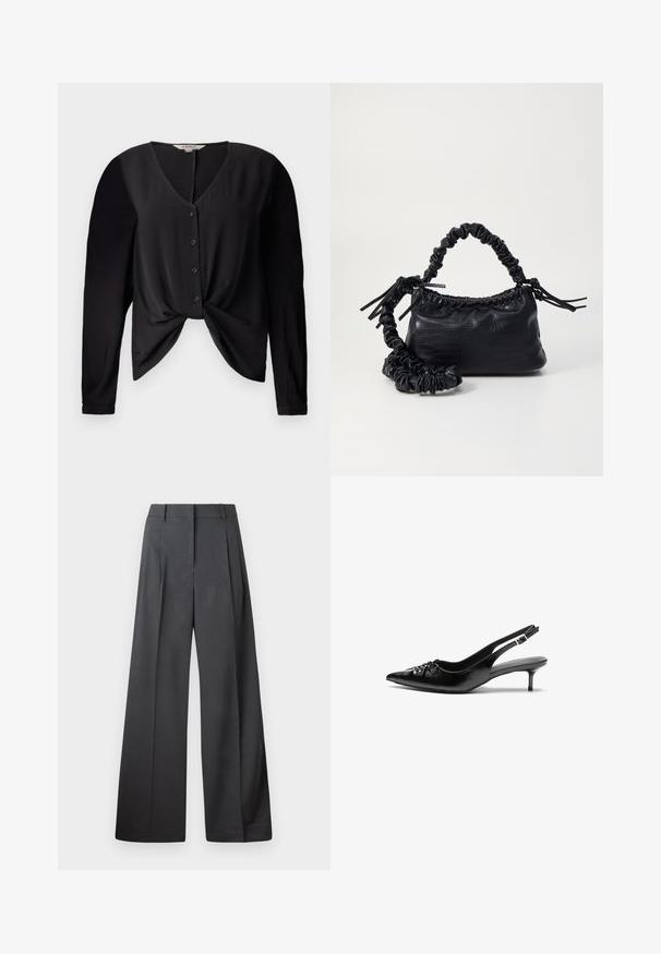 Black blouse with a V-neckline, long sleeves, and button front. Features a knot detail at the waist and a smooth fabric texture.; Wide-leg trousers in dark gray fabric, featuring a high waist, single pleats, and a smooth texture with a clean finish at the hems.; Black leather slingback heels with a pointed toe, small kitten heel, and a decorative knot detail on the front. Smooth texture throughout.; Black faux leather handbag with a crocodile texture, cinched top, and a scrunched strap. Appears soft and compact in design.