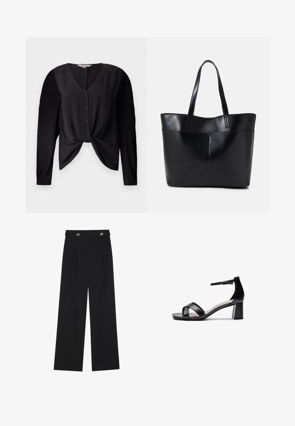 Černá blůza s výstřihem do V, dlouhými rukávy a zapínáním na knoflíky. Obsahuje detail uzlu v pase a hladkou texturu látky.; Černé široké kalhoty s vysokým pasem, detailní knoflíky na pase a přední záhyby.; Černé sandály na podpatku s otevřenou špičkou, kříženými pásky, nastavovacími pásky kolem kotníku a robustním podpatkem, s hladkou koženou texturou.; Černá kožená taška s dlouhými ušima, hladkým povrchem a strukturovaným tvarem. Obsahuje přední kapsu pro další úložný prostor.