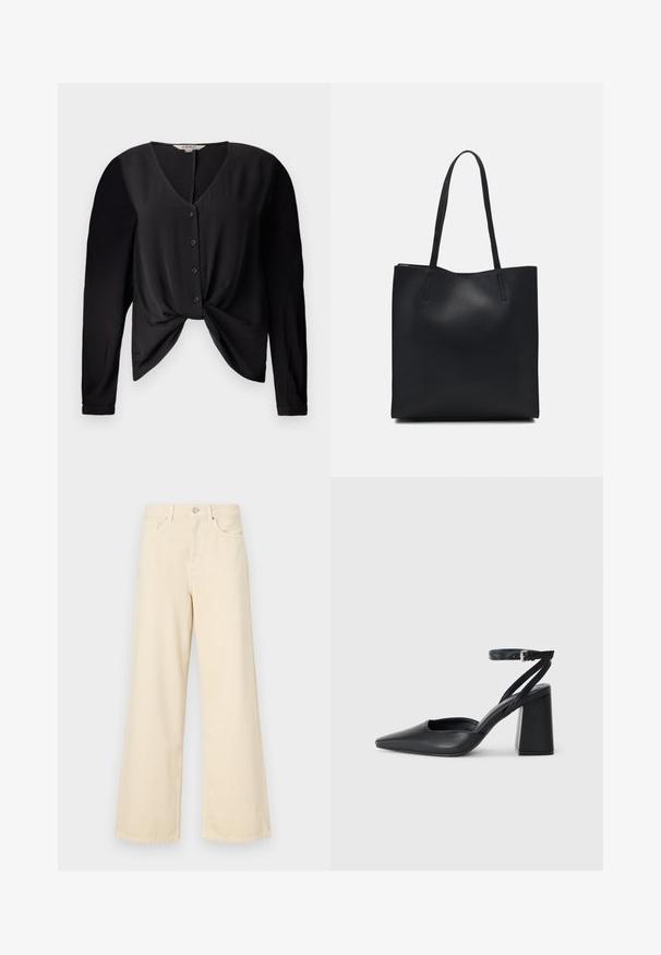 Must mustaga V-kaelusega, pikkade varrukatega ja nööpiga ees. Omab sõlmepuno näiteks taljes ja sileda tekstuuriga kangast.; Bežid laiad teksad, mis on valmistatud puuvillast. Omab nööbilukku, vöökohakujusid ja eesmine taskuid, millel on sile ja pehme tekstuur.; Mustmustest must-käigukingad, millel on konksuga nöör ja paks konts. Ühtlane tekstuur, stiilne disain ja minimalistlik esteetika.; Mustast nahast kott sujuva tekstuuriga, ristkülikukujuline ja kahe pika sangaga. Pole nähtavat riistvara ega kaunistusi.