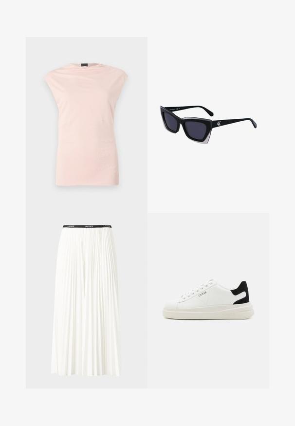 Top senza maniche di un leggero rosa, con collo rotondo, drappeggio sottile e due dettagli sui fianchi. Realizzato in tessuto morbido e liscio, con una silhouette slanciata.; Gonna bianca plissettata con elastico nero in vita che presenta il logo "LACOSTE". Design di lunghezza media con texture morbida.; Sneaker bianchi in pelle con suola spessa bianca, accento in suede nero sul tallone e logo impresso sul lato. Design con lacci e sei fori per i lacci.; Occhiali da sole oversize neri dalla forma geometrica, con lenti scure e un dettaglio grigio a contrasto sulla montatura. Logo sul braccio.