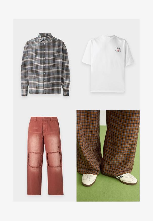 Košeľa s dlhým rukávom a gombíkmi, s modro-hnedo-bežovým kockovaným vzorom a náprsné vrecko na svetlom pozadí.; Biela bavlnená tričko s krátkymi rukávmi, s malou grafikou ružového a čierneho šálky kávy na ľavej strane hrudníka.; Hnedé nohavice s vyblednutou textúrou, s dvoma veľkými, strapcovými výrezmi na kolenách a štandardnými vreckami.; Hnedé a modré kárované nohavice s širokými nohavicami skombinované s bielymi topánkami s čiernymi akcentmi a textúrovanými podrážkami, umiestnené na zelenom pozadí.