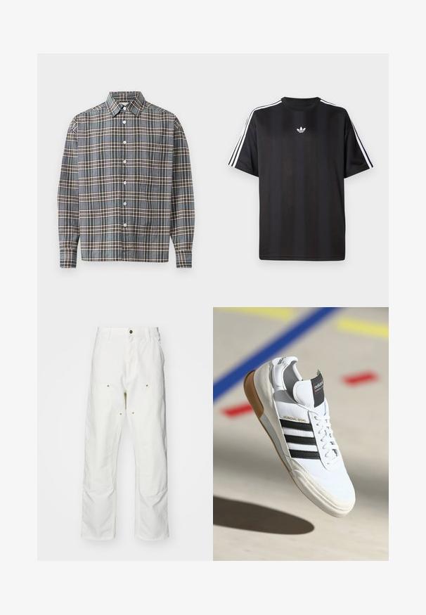 Hosszú ujjú, gombos ing kék, barna és bézs kockás mintával, amelyen egy mellzseb található, világos háttérrel.; Fekete, rövid ujjú póló fehér háromcsíkos díszítéssel a vállakon és egy kis fehér logóval a mellkasán. Simább anyag textúra.; Fehér pamut cargo nadrág, laza szabású. Jellemzői közé tartozik az elülső zsebek, az arany színű fémalkatrészek és a megerősített térd részek.; Fehér Adidas Mundial Goal sneaker fekete csíkokkal és gumitalppal, a levegőben egy sportpálya padlóján látható, színes vonalakkal.